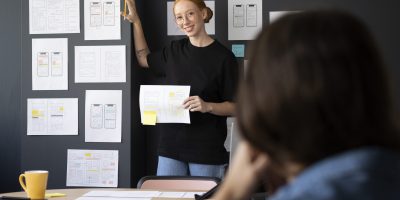 female-web-designer-with-papers-notes-office